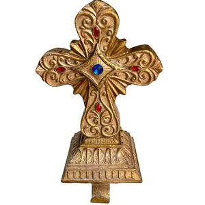 Vintage Ornate Intricate Gold Cross Retro Stocking Hanger Blue‎ Red Gem Accents